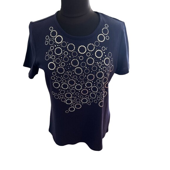 Coral Bay Women's Short Sleeve Navy Top With Rhinestone Circle Design, Size Med - Picture 3 of 7